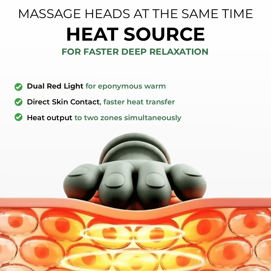 Dual massage heads with direct-skin-contact heat source for two heat zones simultaneously